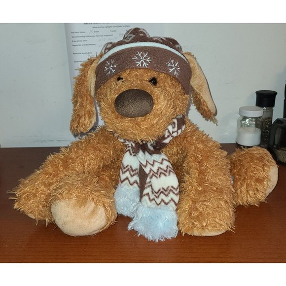 Brown Puppy Dog Plush Winter Snowflake Knit Hat Scarf 14" Hug Fun Intl Toy - Picture 1 of 8